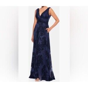 Betsy & Adam Long Flock Crinkle Galaxy Gown Dress Sz: 16 , With Pockets